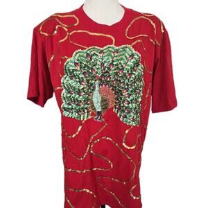 Vtg 80s Red Sequin Peacock Embellished Shoulder Pads Blouse Top By Donan Sz L